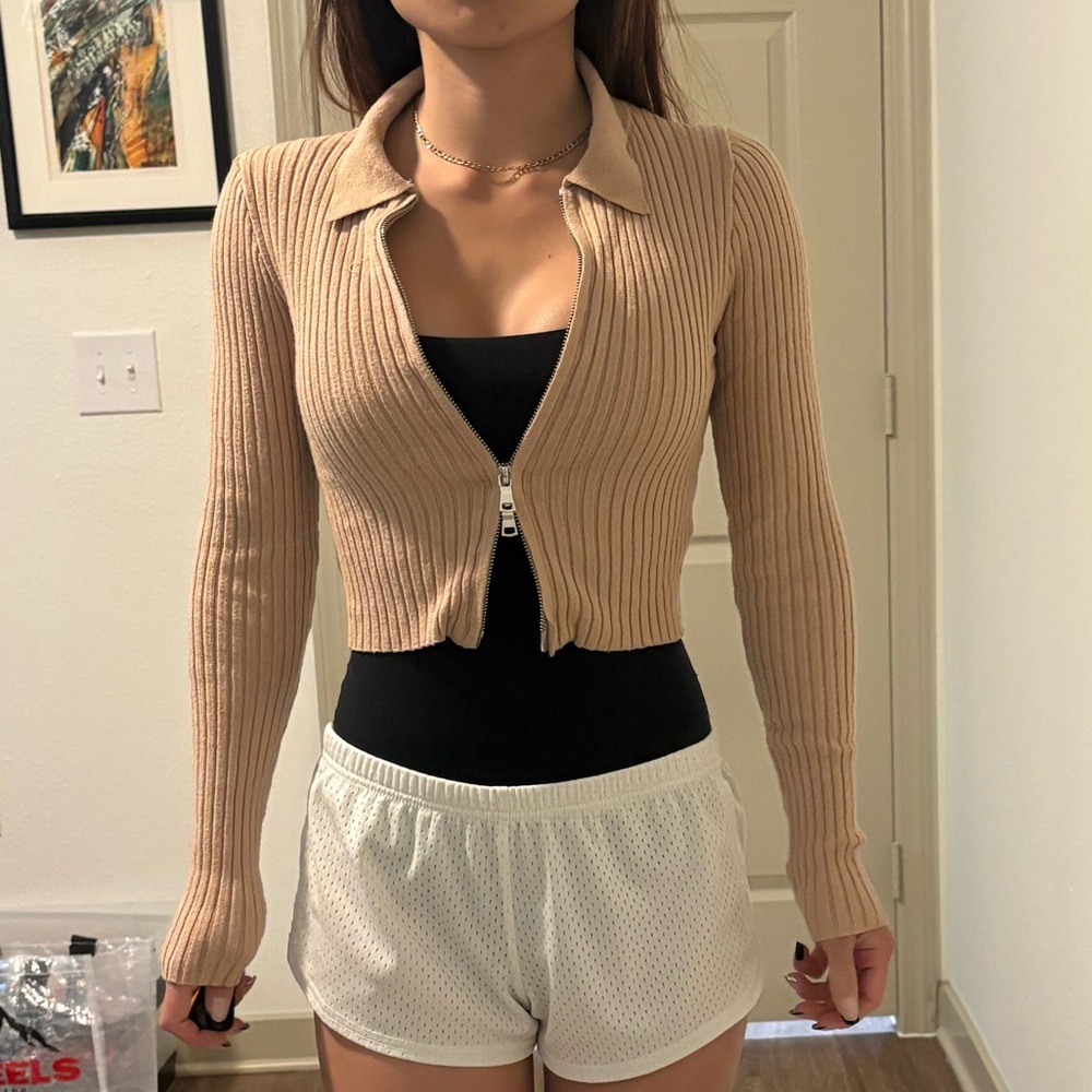 Forever 21 Ribbed Zip Cropped Sweater Jacket